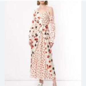 Self-Portrait Asymmetric Floral Printed Satin Dress in Cream and Red Size 4